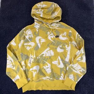 Nike Hoodie Mens Medium Yellow White All Over Print Swoosh Pullover Sweatshirt